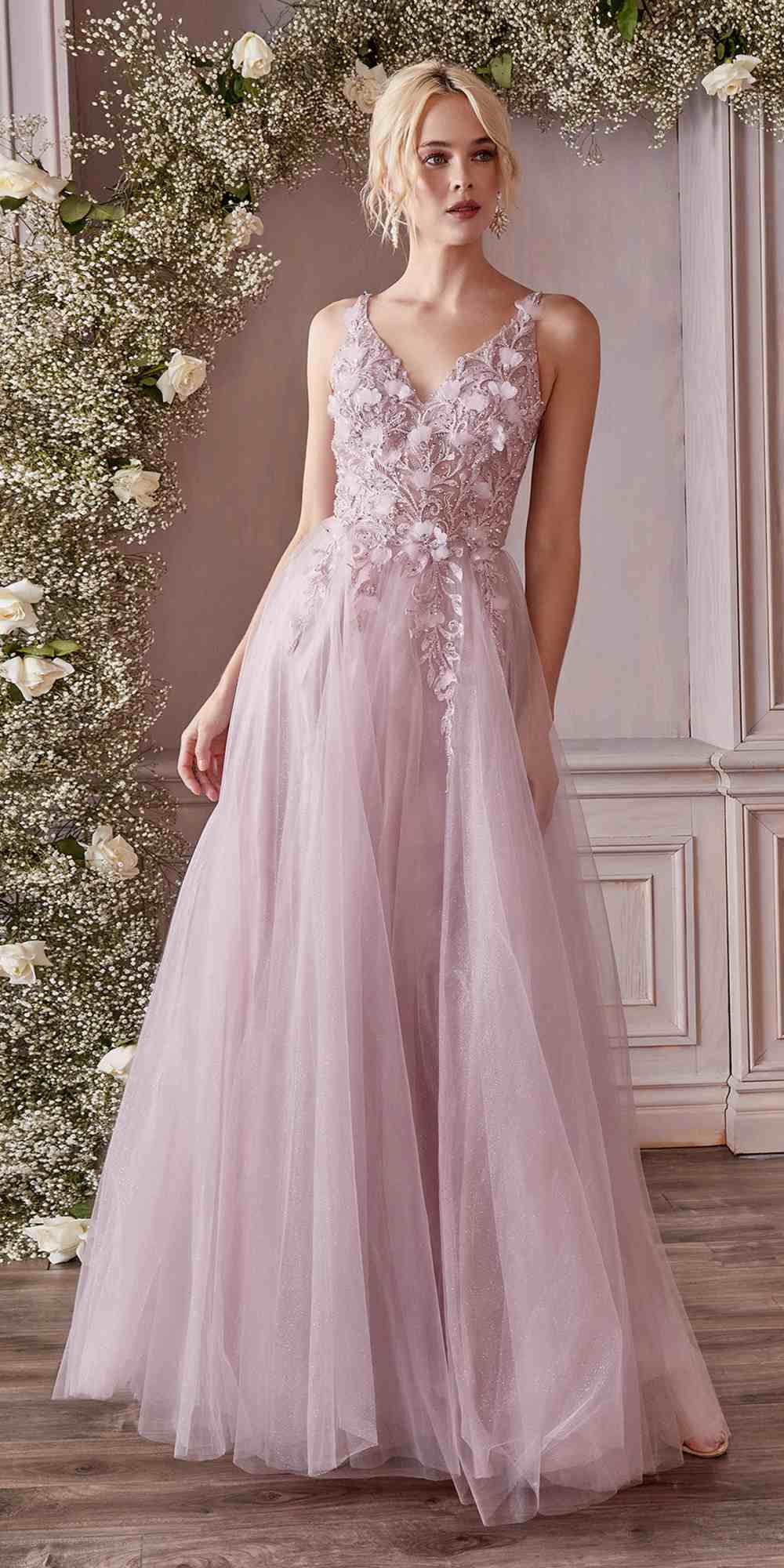 Cinderella Divine CD0181 Long Lace Floral A-Line Tulle/Lace Dress
