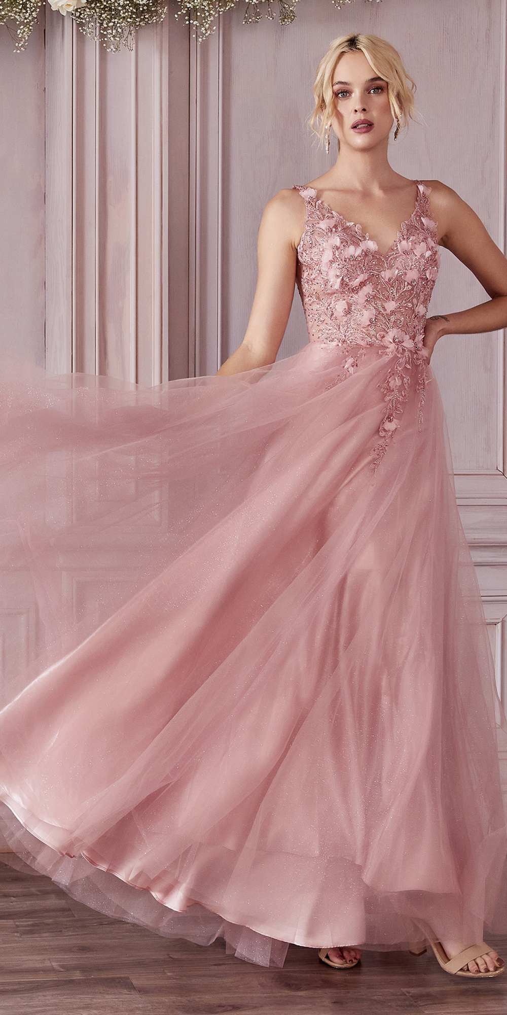 Cinderella Divine CD0181 Long Lace Floral A-Line Tulle/Lace Dress