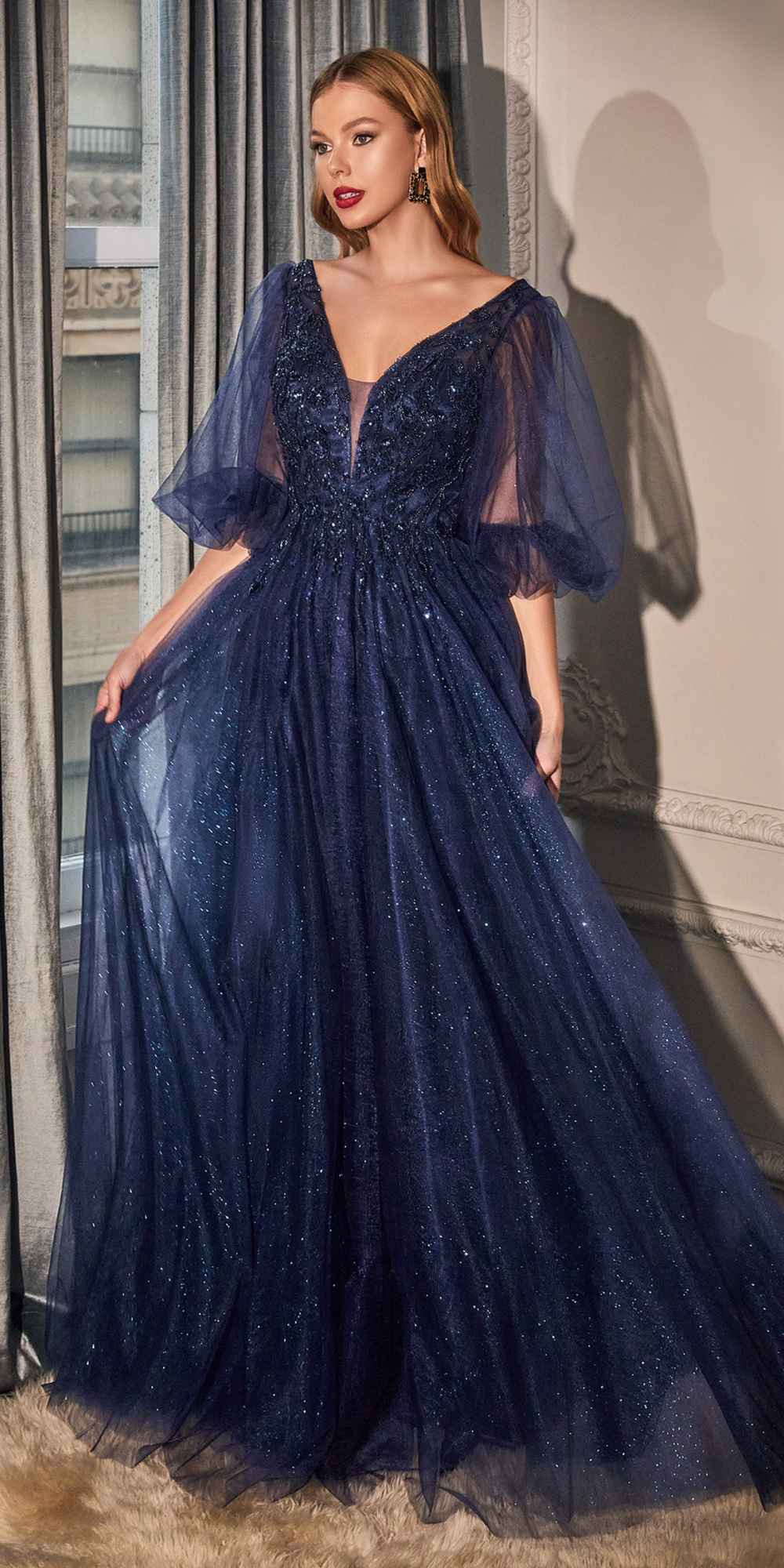 Cinderella Divine CD0182 Glitter Tulle A-Line Formal Dress