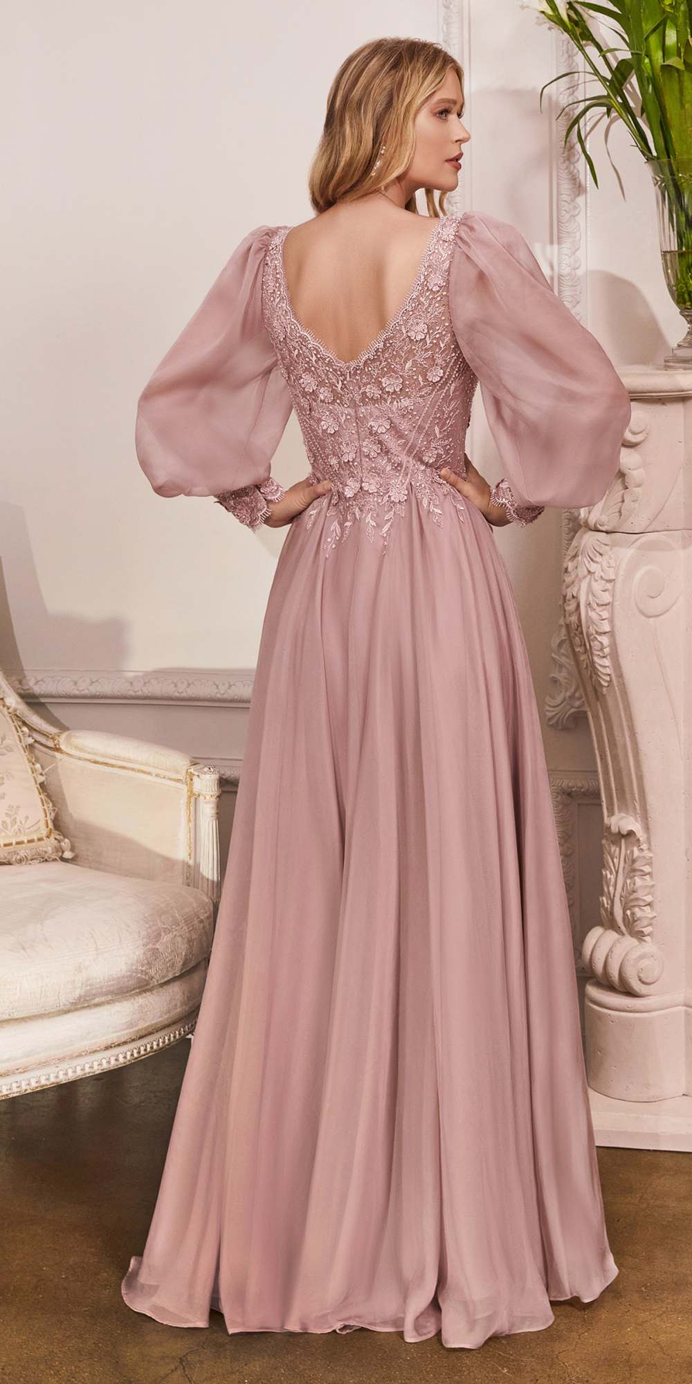 Cinderella Divine CD0183 Puff Long Sleeve Chiffon Formal Gown