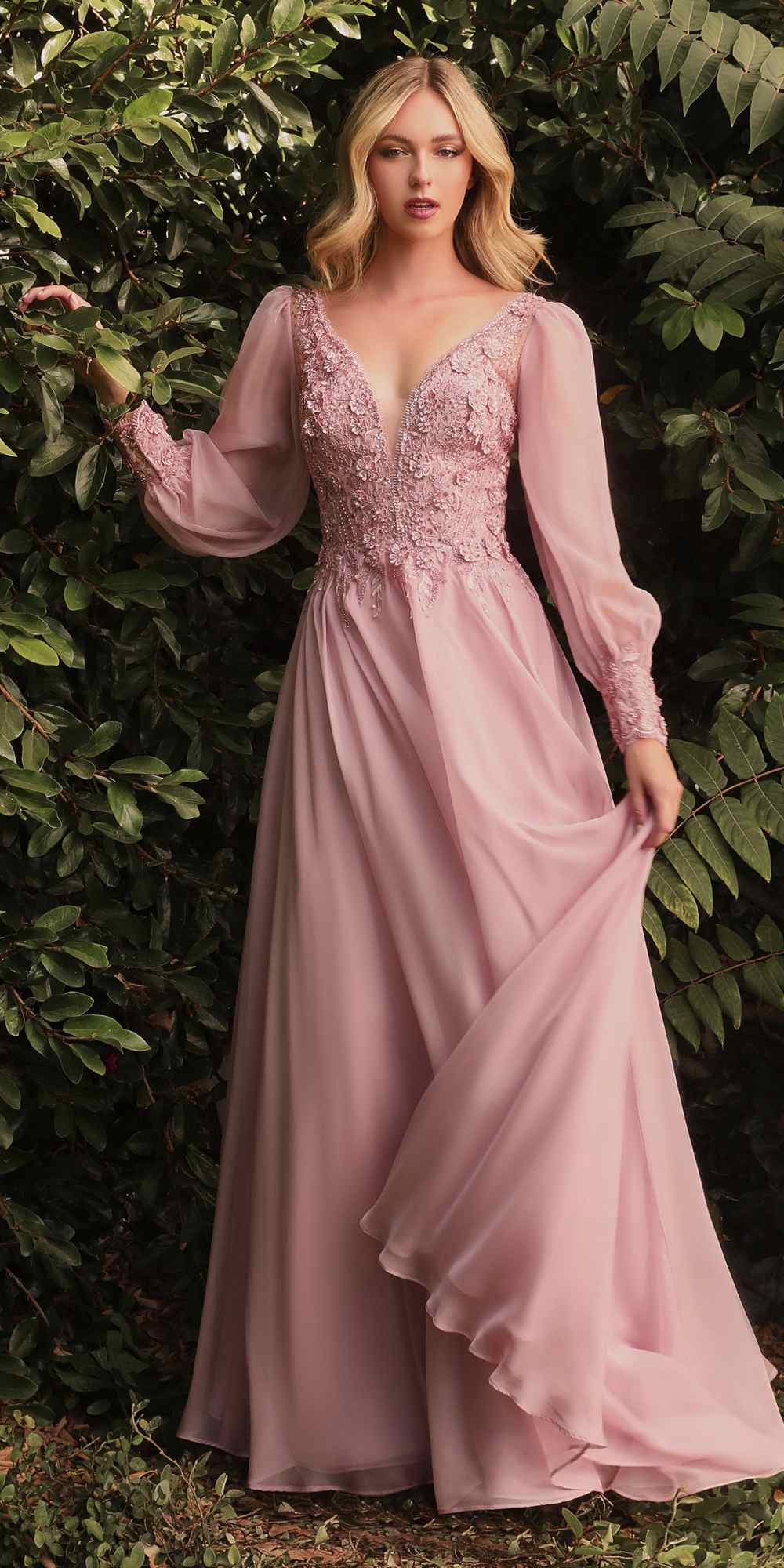 Cinderella Divine CD0183 Puff Long Sleeve Chiffon Formal Gown