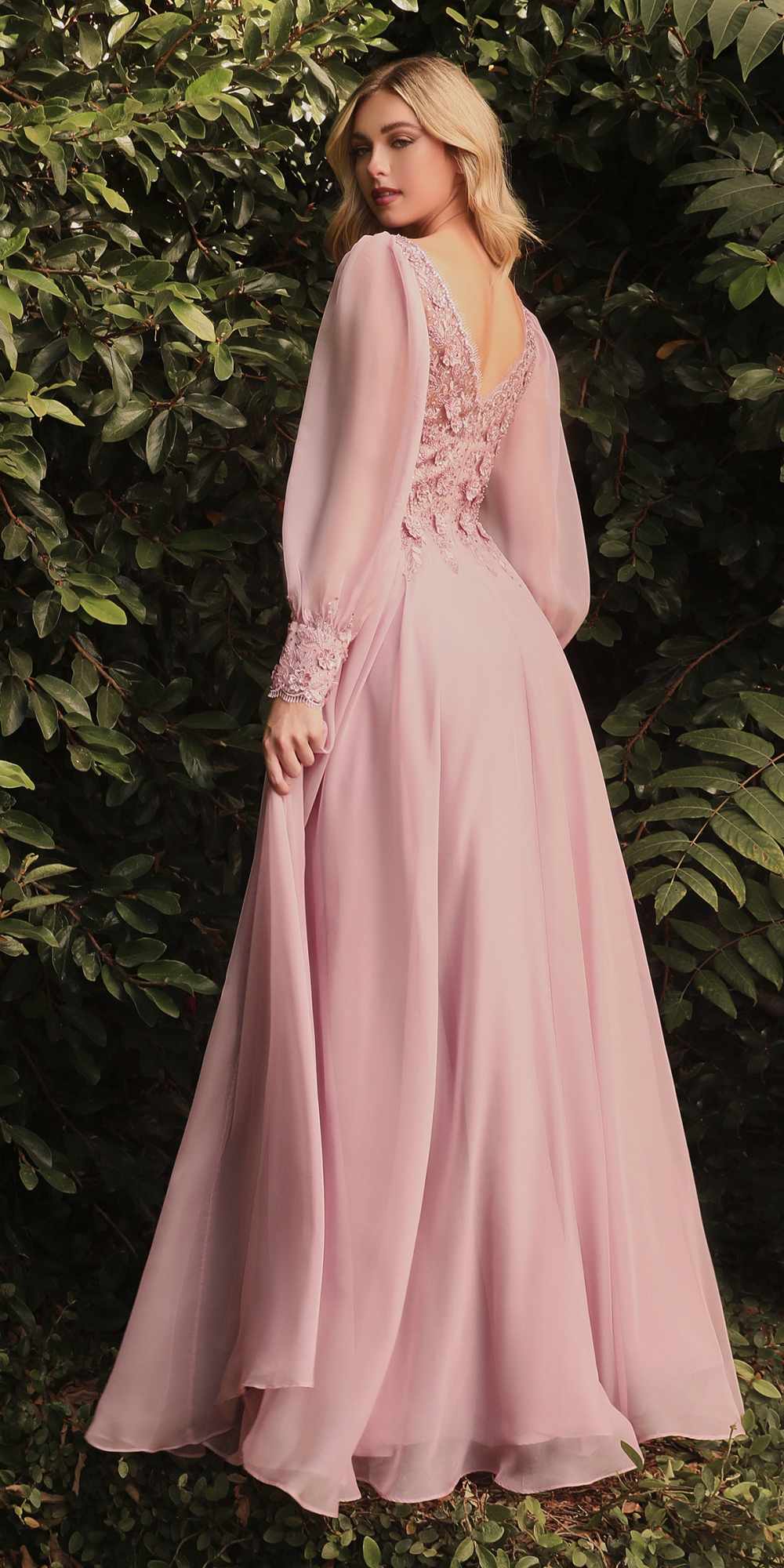 Cinderella Divine CD0183 Puff Long Sleeve Chiffon Formal Gown