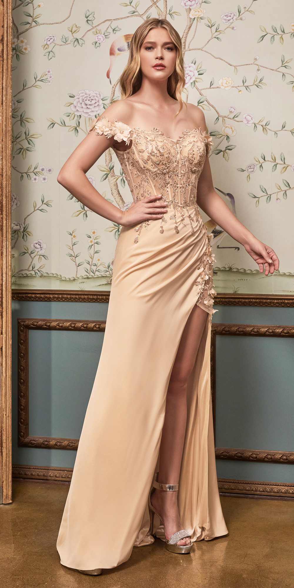 Cinderella Divine CD0186 Long Floral Off the Shoulder Gown with Slit