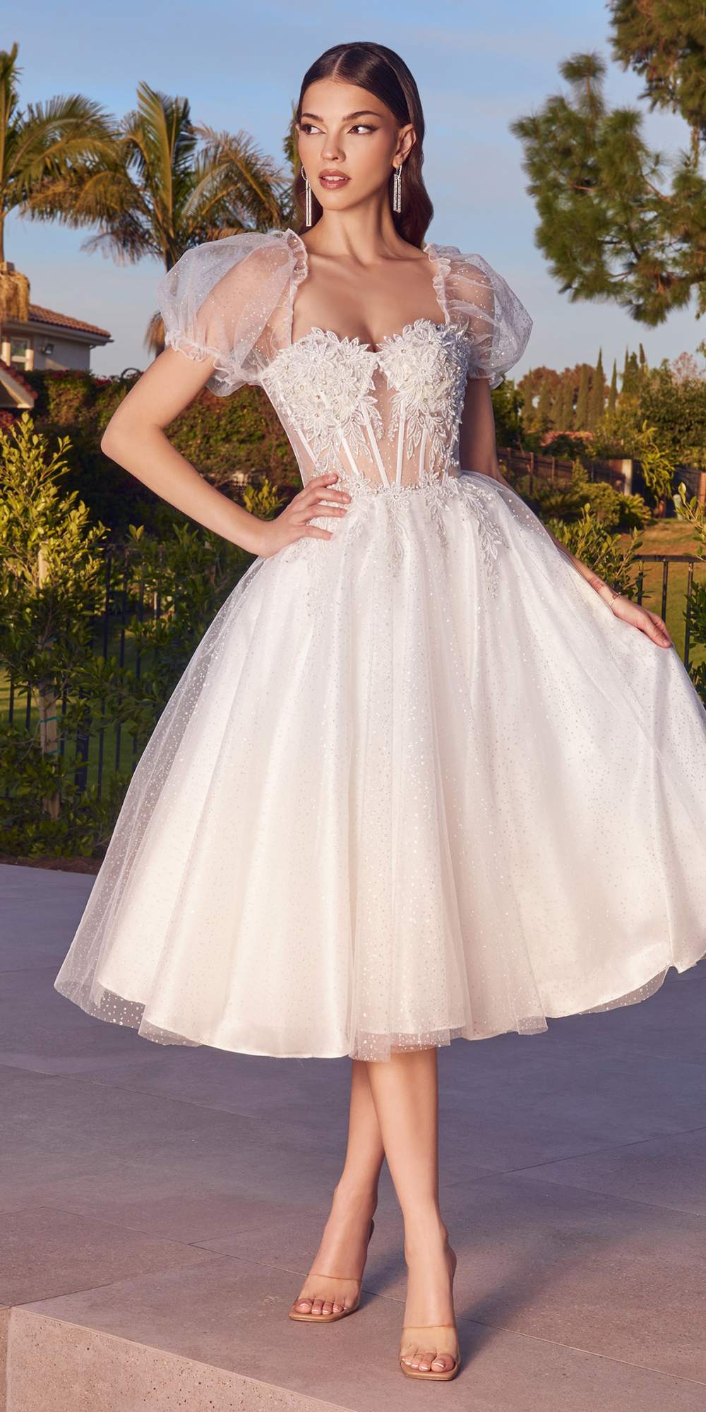 Cinderella Divine CD0187 Tea Length Layered Tulle Dress with Short Puff Sleeves