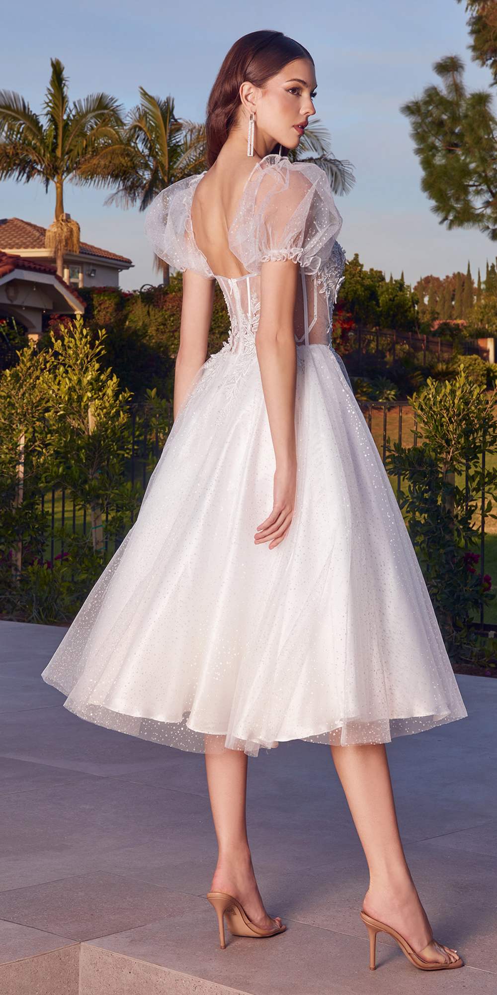 Cinderella Divine CD0187 Tea Length Layered Tulle Dress with Short Puff Sleeves