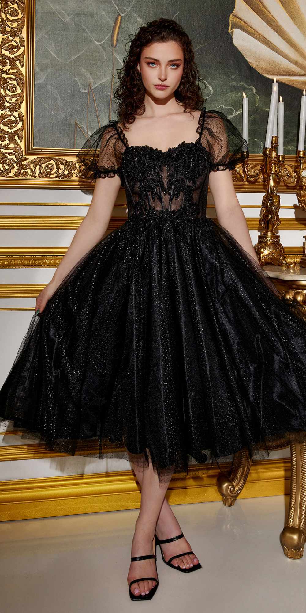 Cinderella Divine CD0187 Tea Length Layered Tulle Dress with Short Puff Sleeves