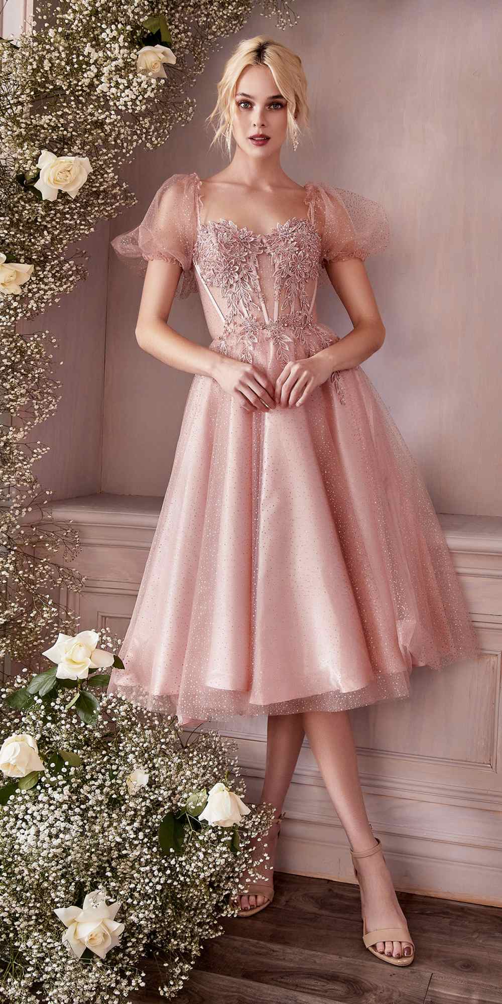 Cinderella Divine CD0187 Tea Length Layered Tulle Dress with Short Puff Sleeves