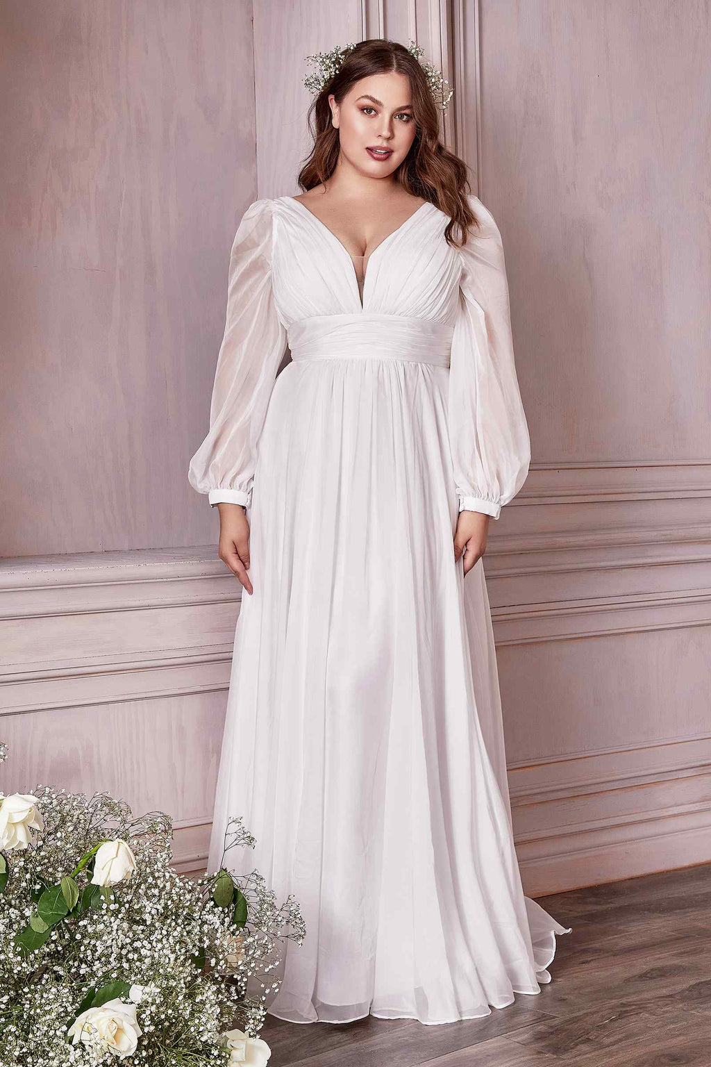 Cinderella Divine CD0192W Long Sleeve A-Line Chiffon Dress
