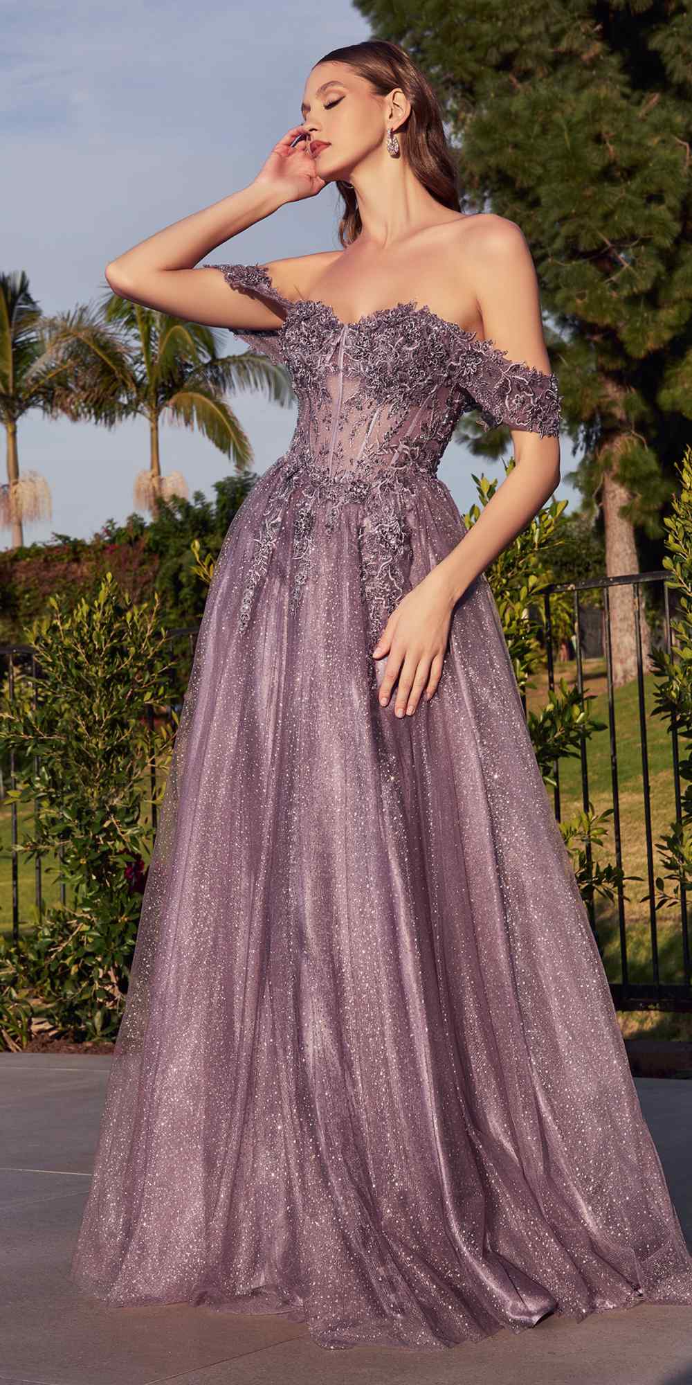 Cinderella Divine CD0198 Long Lace A-Line Gown with Off the Shoulder Sleeves