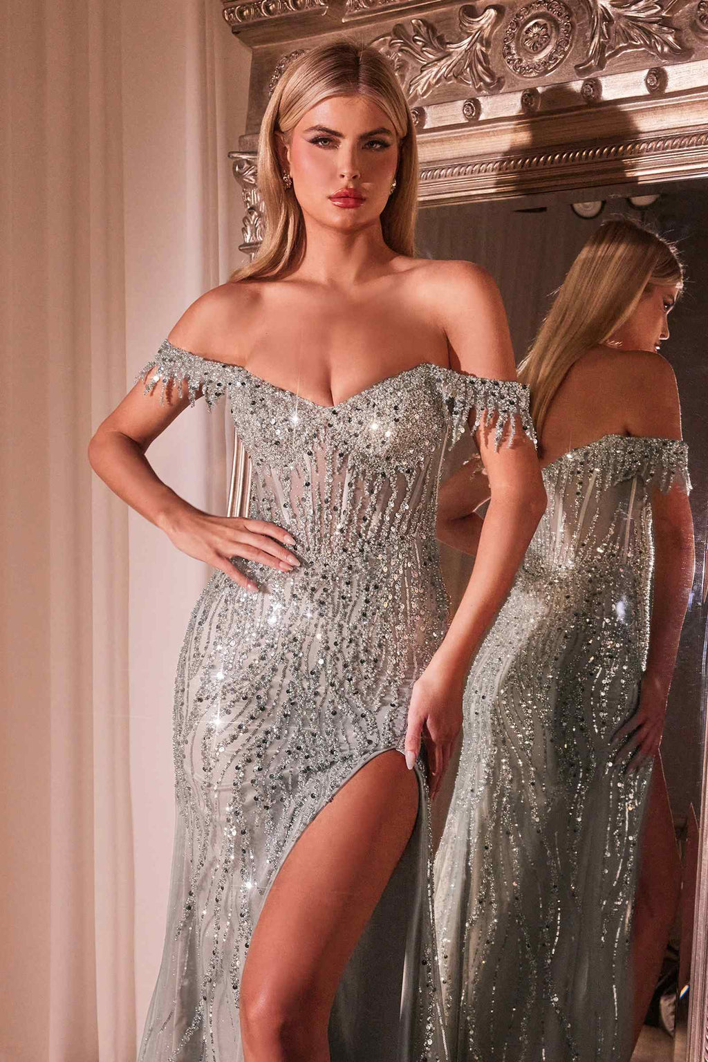 Ladivine CD0203 Long Fitted Off the Shoulder Sequin Gown with Slit