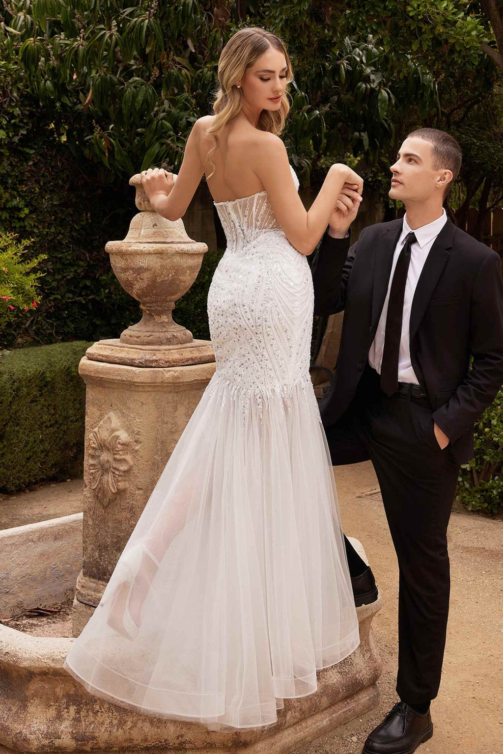 Ladivine CD0215W Long Strapless Pointed Bust Beaded Mermaid Gown