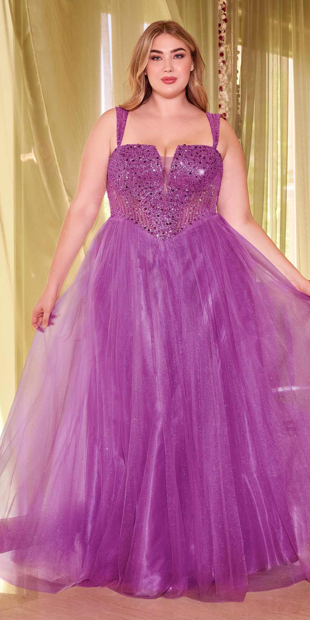 Ladivine CD0217 Long A-Line Strapless Sequin Bodice Glitter Tulle Skirt Dress