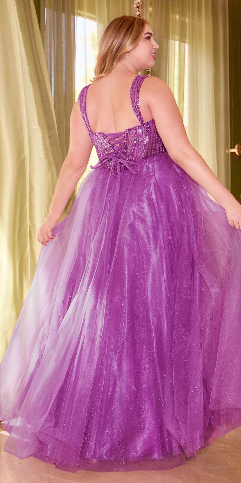 Ladivine CD0217 Long A-Line Strapless Sequin Bodice Glitter Tulle Skirt Dress