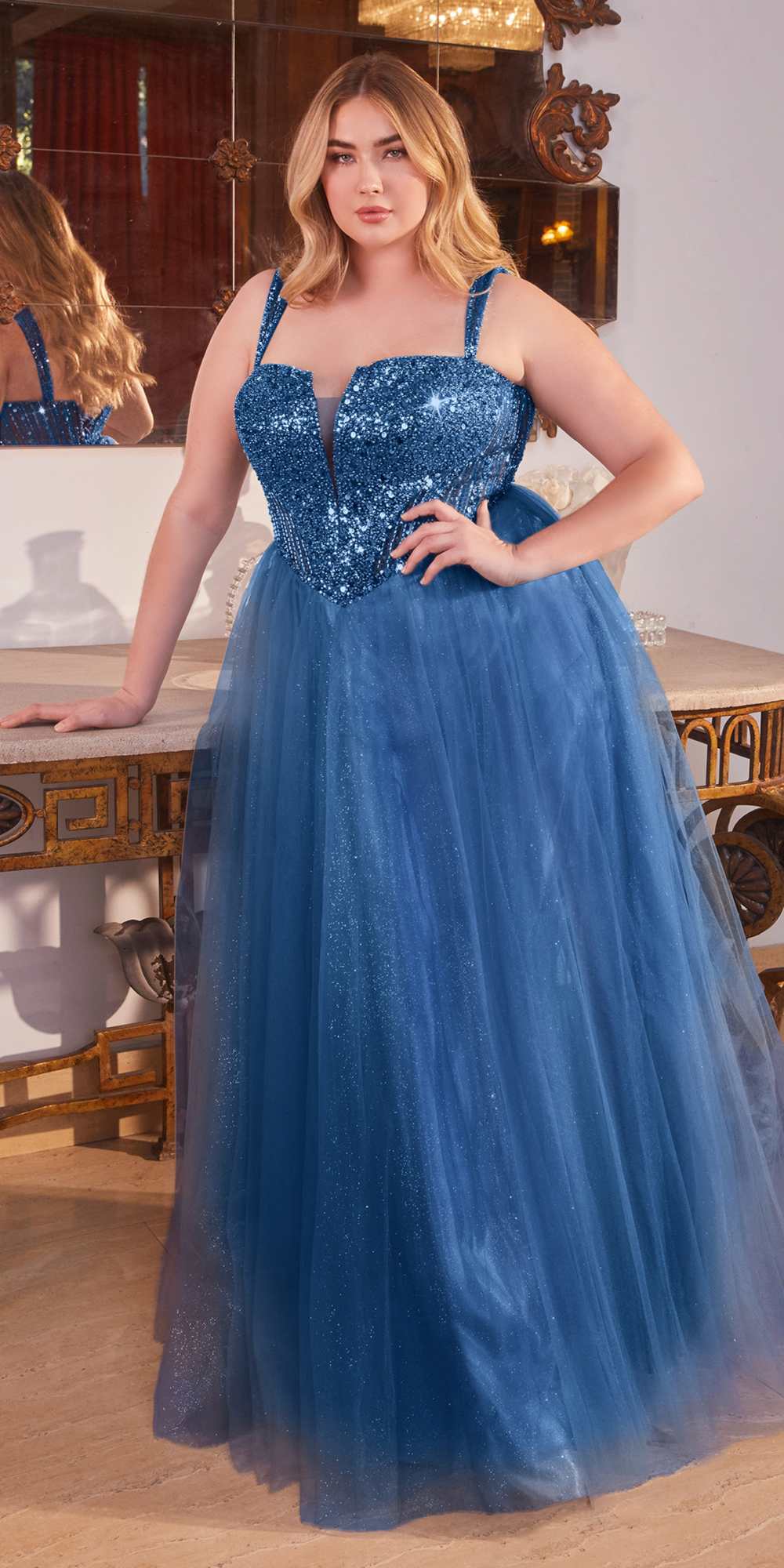 Ladivine CD0217 Long A-Line Strapless Sequin Bodice Glitter Tulle Skirt Dress
