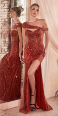 Ladivine CD0218 Long Strapless Sequin Gown Slit With Removable Sash