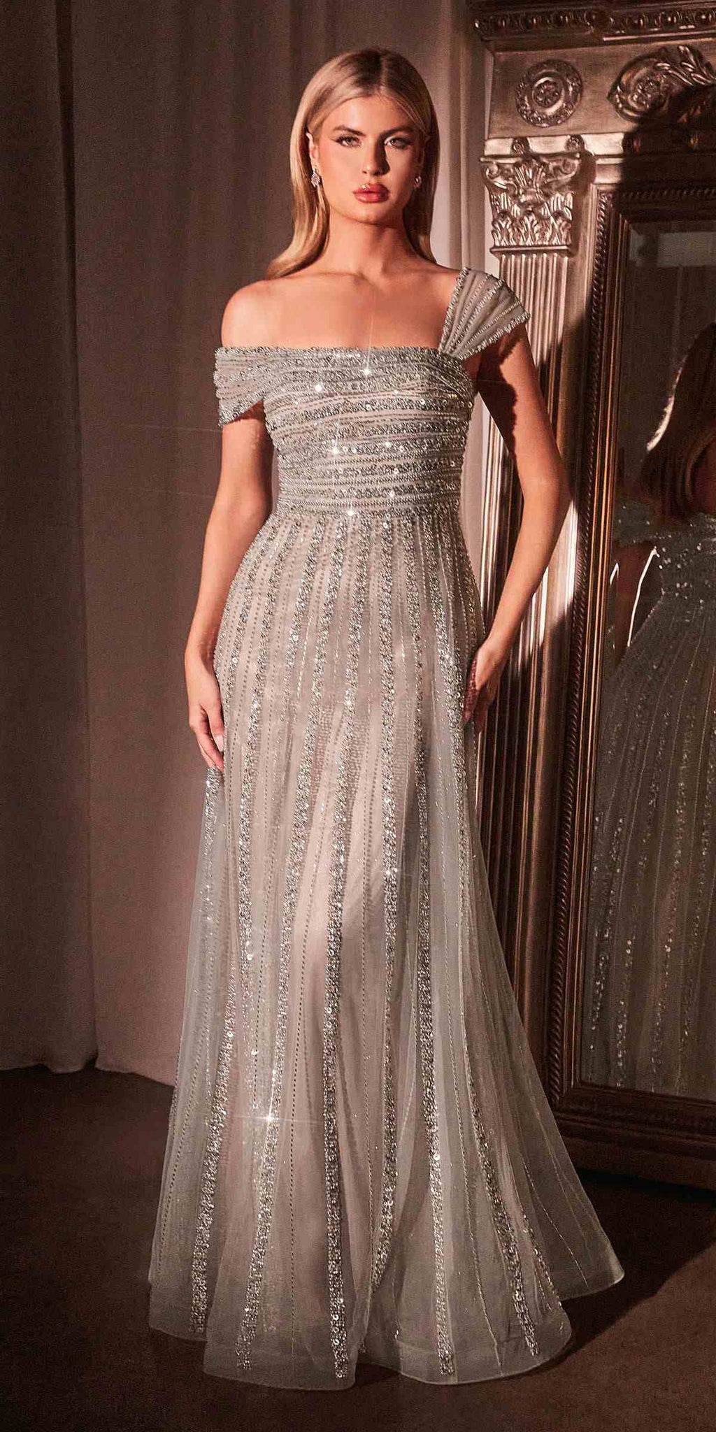 CLEARANCE - Ladivine CD0238 Off The Shoulder A-Line Beaded Black/Nude Gown (Size 10)