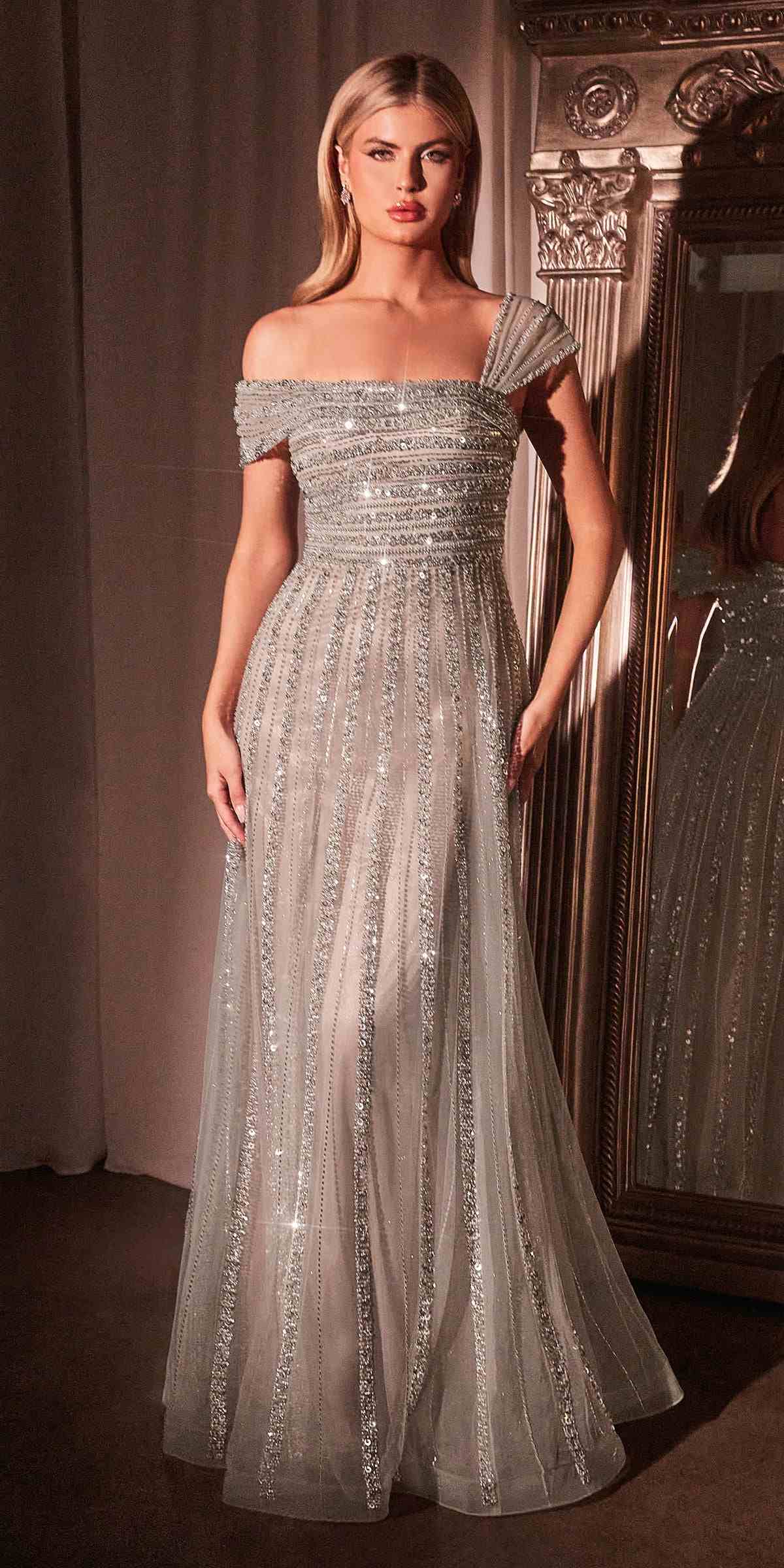CLEARANCE - Ladivine CD0238 Off The Shoulder A-Line Beaded Black/Nude Gown (Size 10)