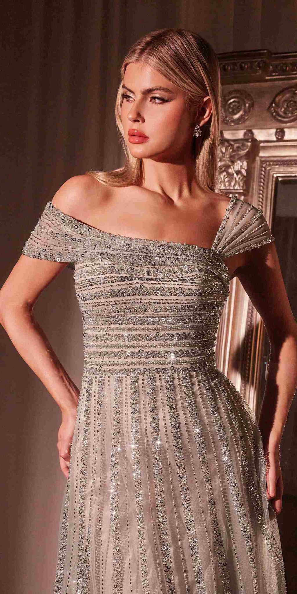CLEARANCE - Ladivine CD0238 Off The Shoulder A-Line Beaded Black/Nude Gown (Size 10)