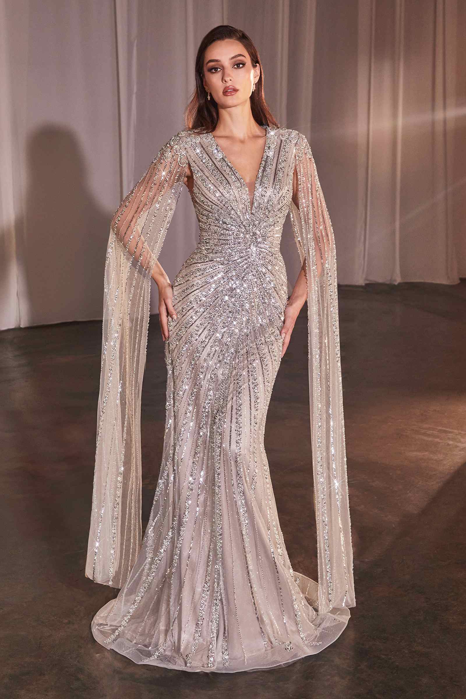 Ladivine CD0239 Long Sleeve Fully Beaded Sheath Gown