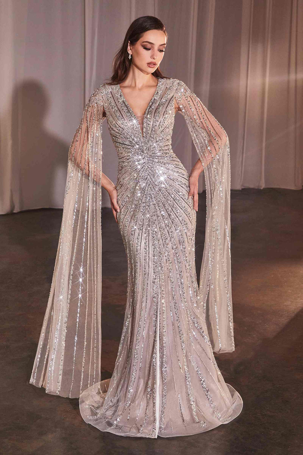 Ladivine CD0239 Long Sleeve Fully Beaded Sheath Gown