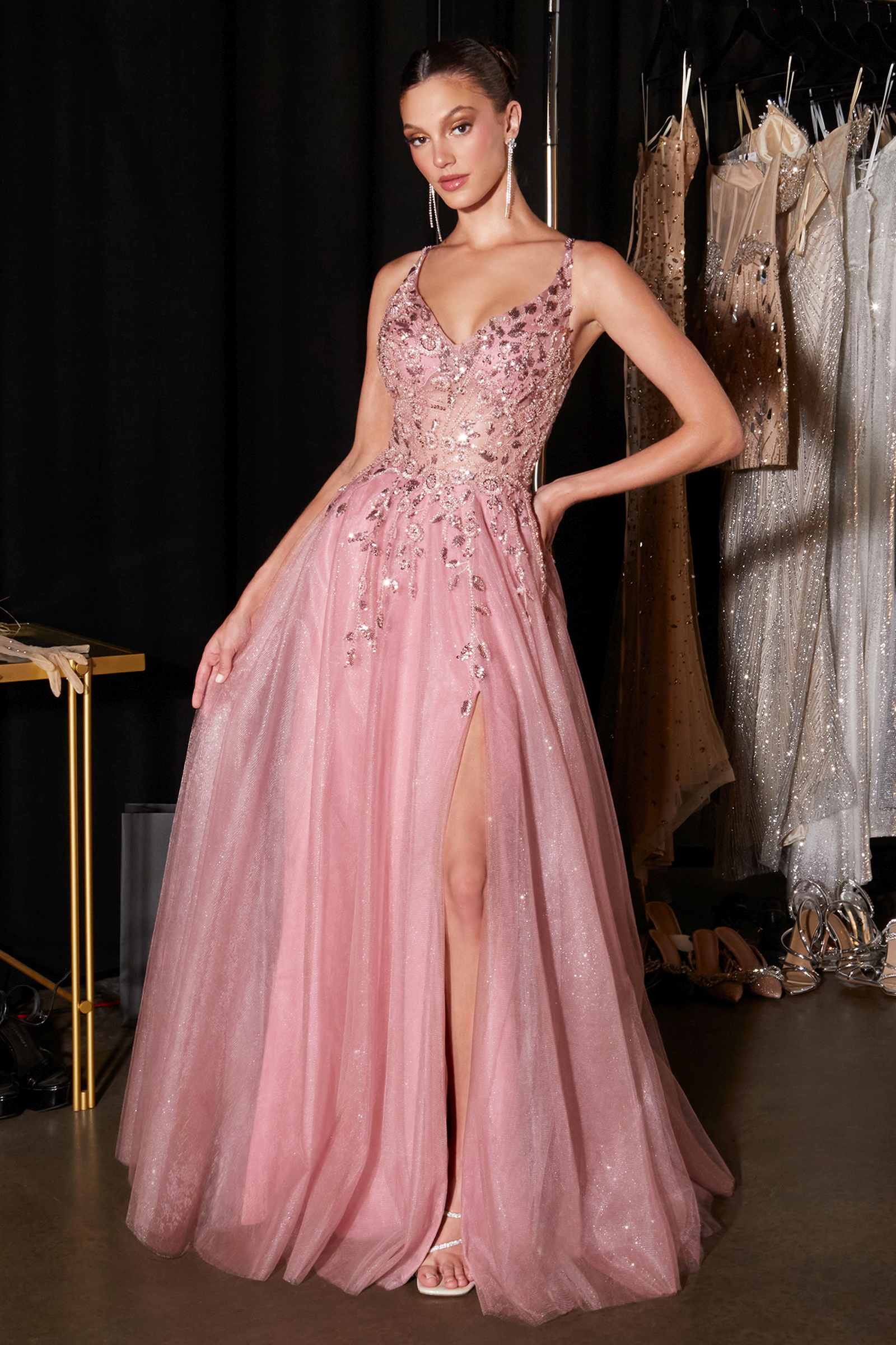 Ladivine CD2412 Magical A-Line Floral Applique Glitter Tulle Gown