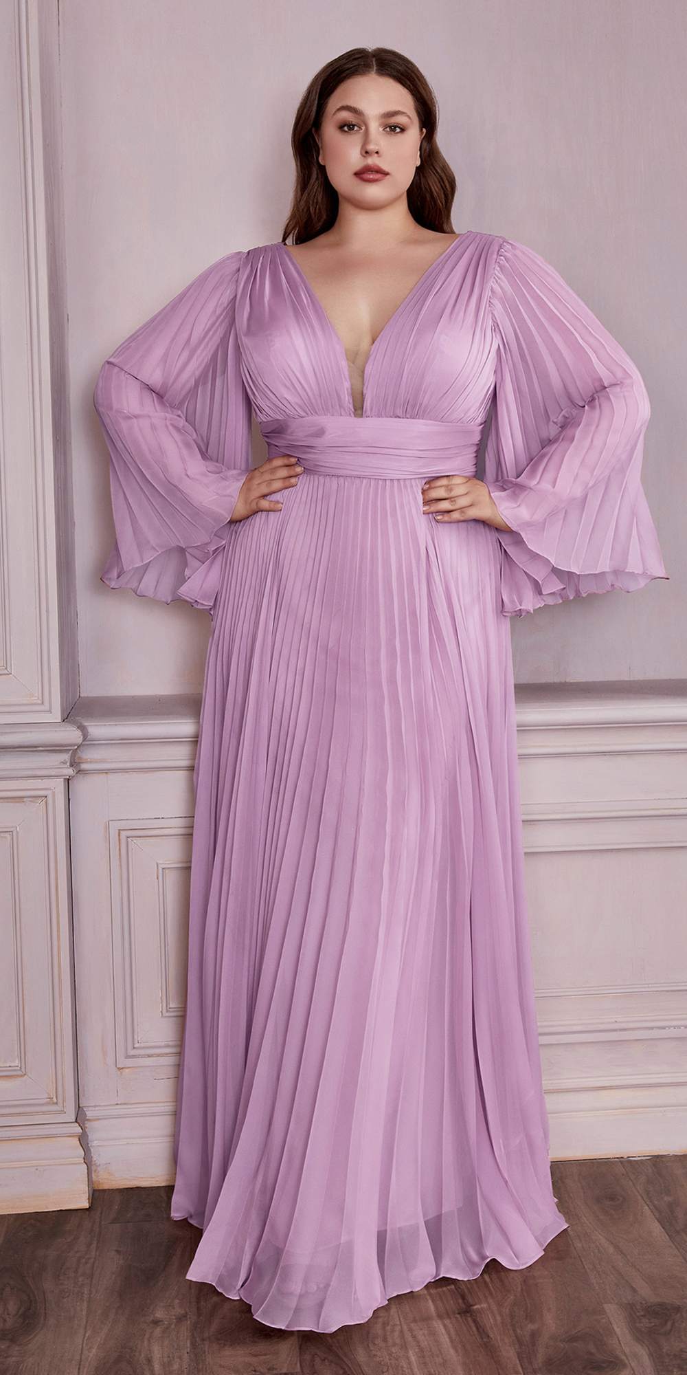 Cinderella Divine CD242C Pleated Chiffon Long Sleeve Gown