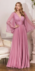 Cinderella Divine CD242C Pleated Chiffon Long Sleeve Gown
