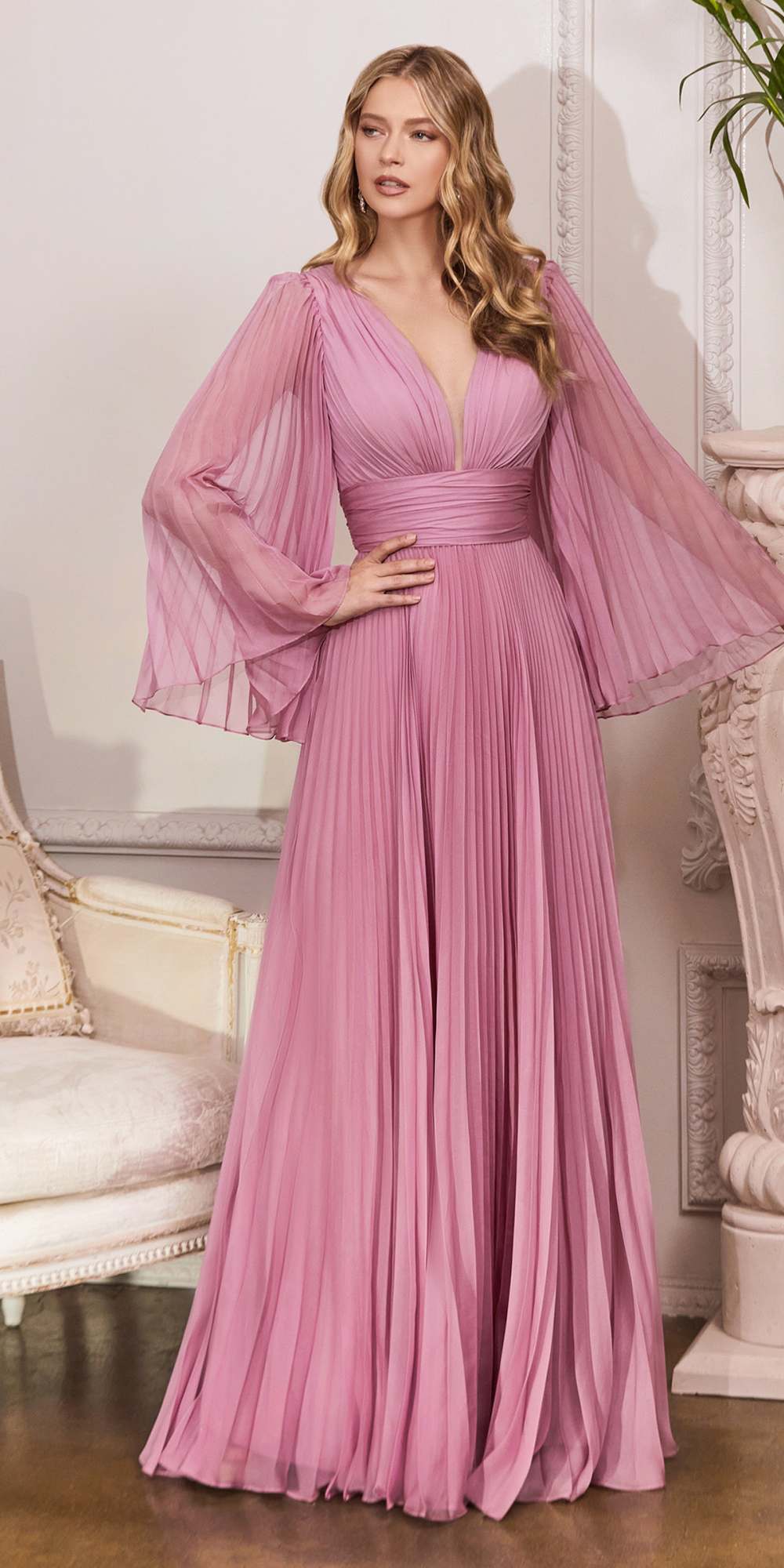 Cinderella Divine CD242C Pleated Chiffon Long Sleeve Gown