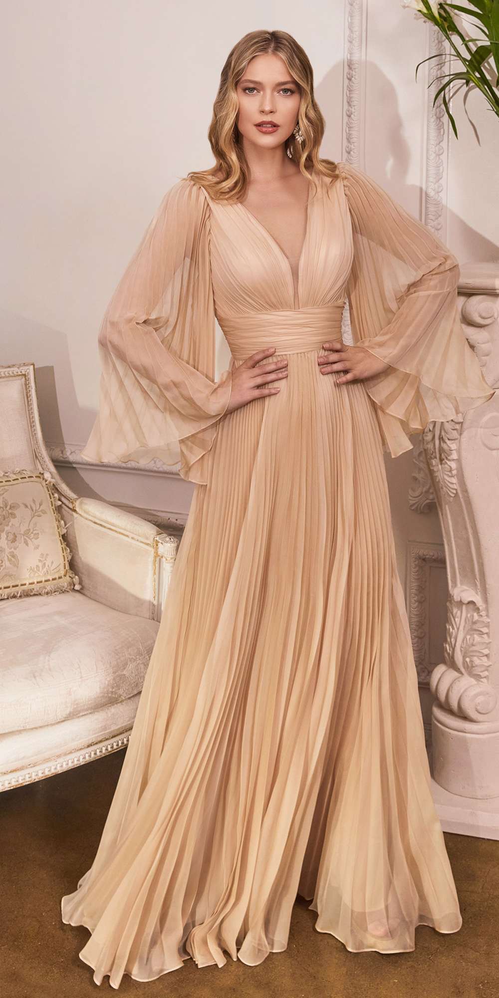 Cinderella Divine CD242 Pleated Chiffon Long Sleeve Gown