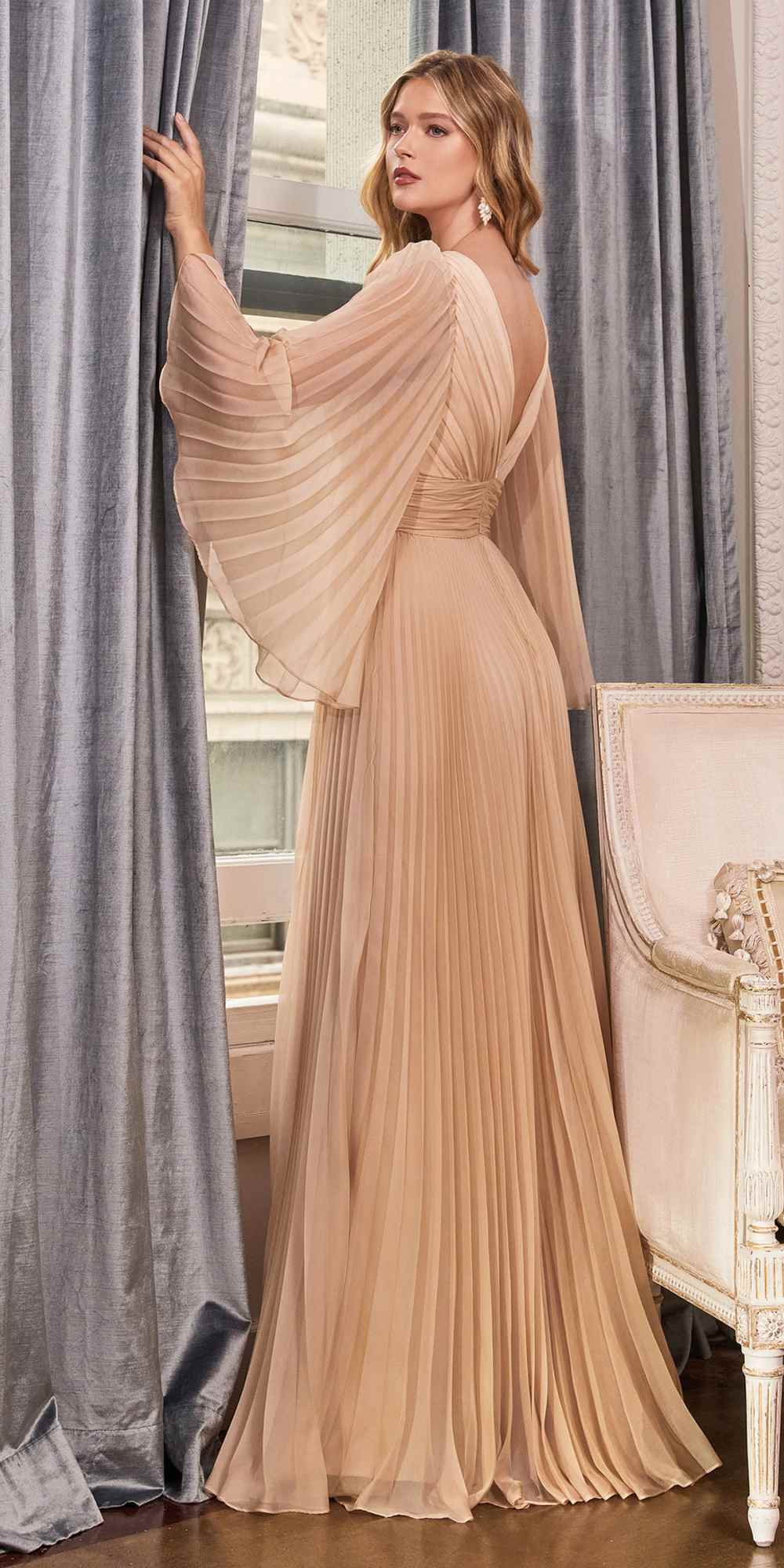 Cinderella Divine CD242C Pleated Chiffon Long Sleeve Gown
