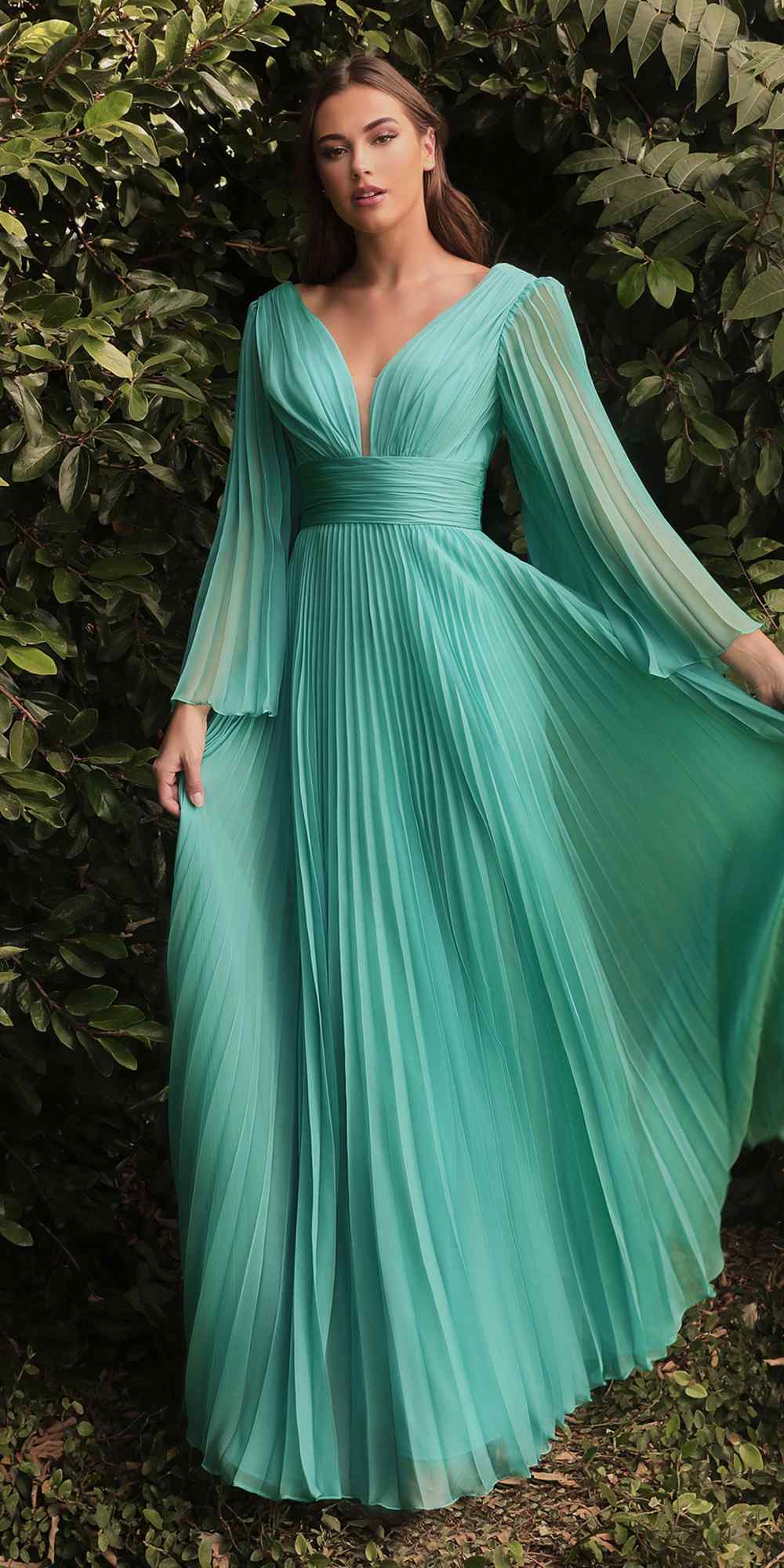 Cinderella Divine CD242 Pleated Chiffon Long Sleeve Gown