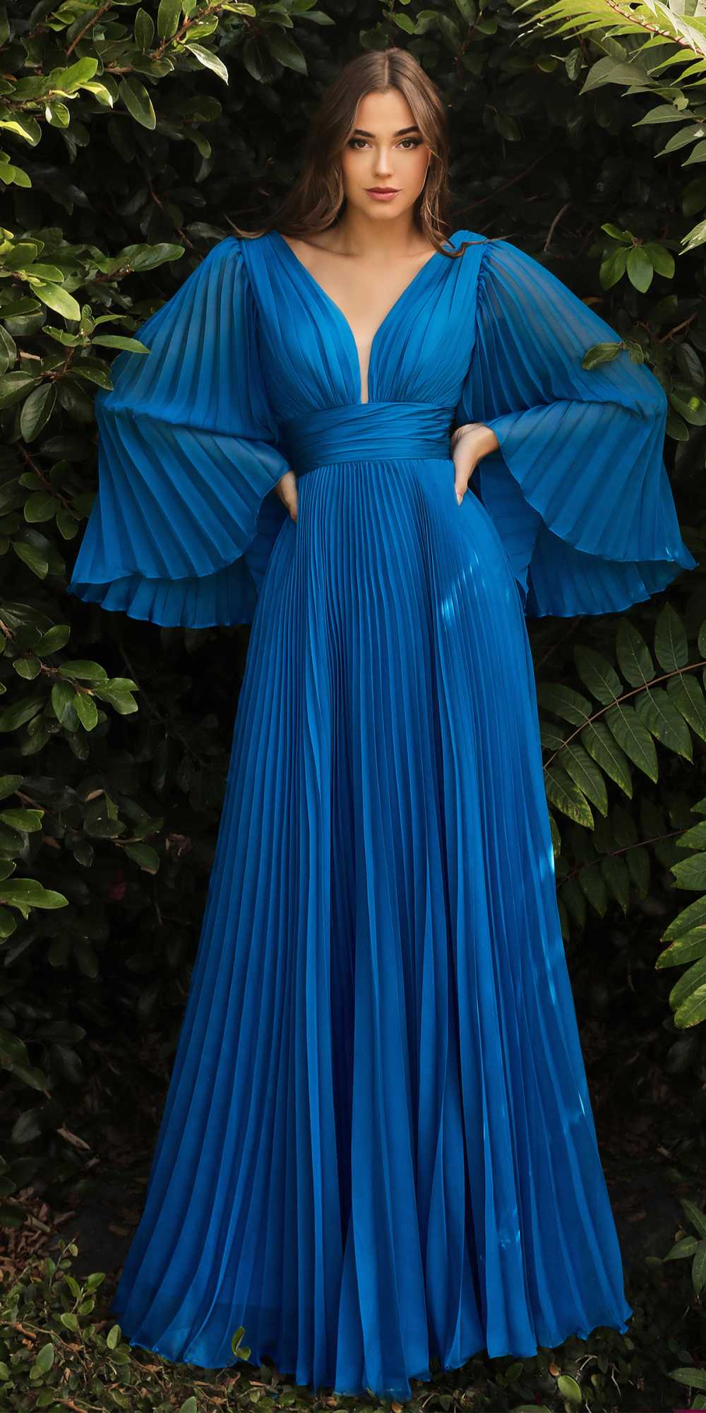 Cinderella Divine CD242C Pleated Chiffon Long Sleeve Gown