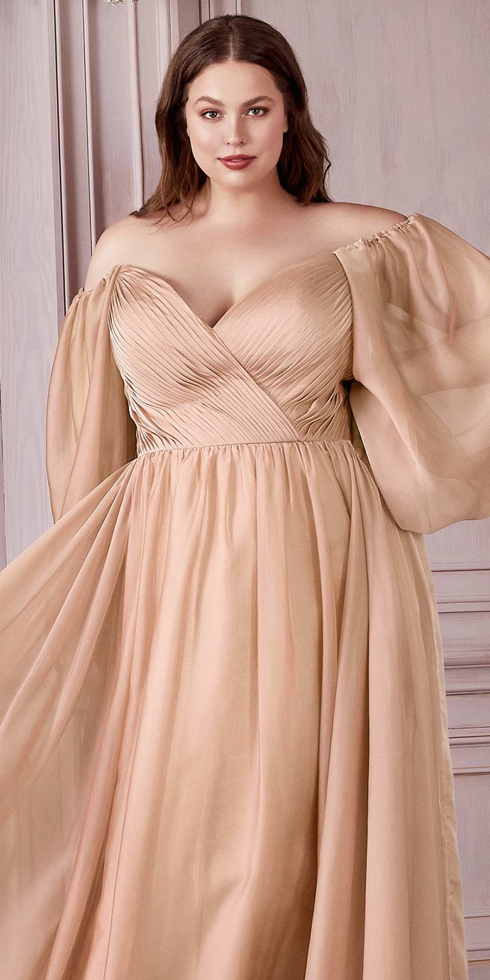 Cinderella Divine CD243C Long Sleeve A-Line Chiffon Dress