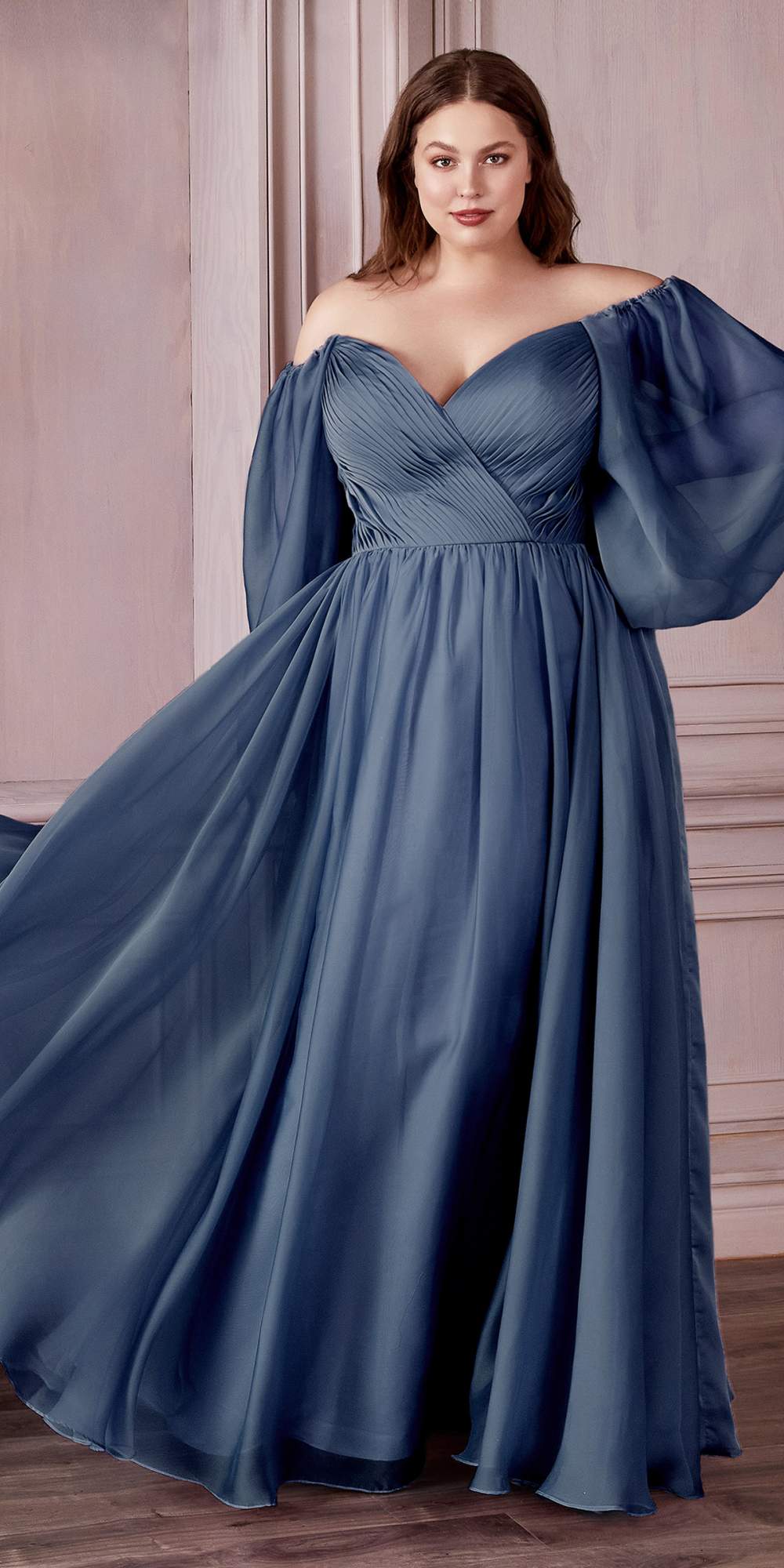 Cinderella Divine CD243C Long Sleeve A-Line Chiffon Dress