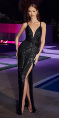 Ladivine CD279 Long Draped Fitted Sequin Formal Gown with Slit