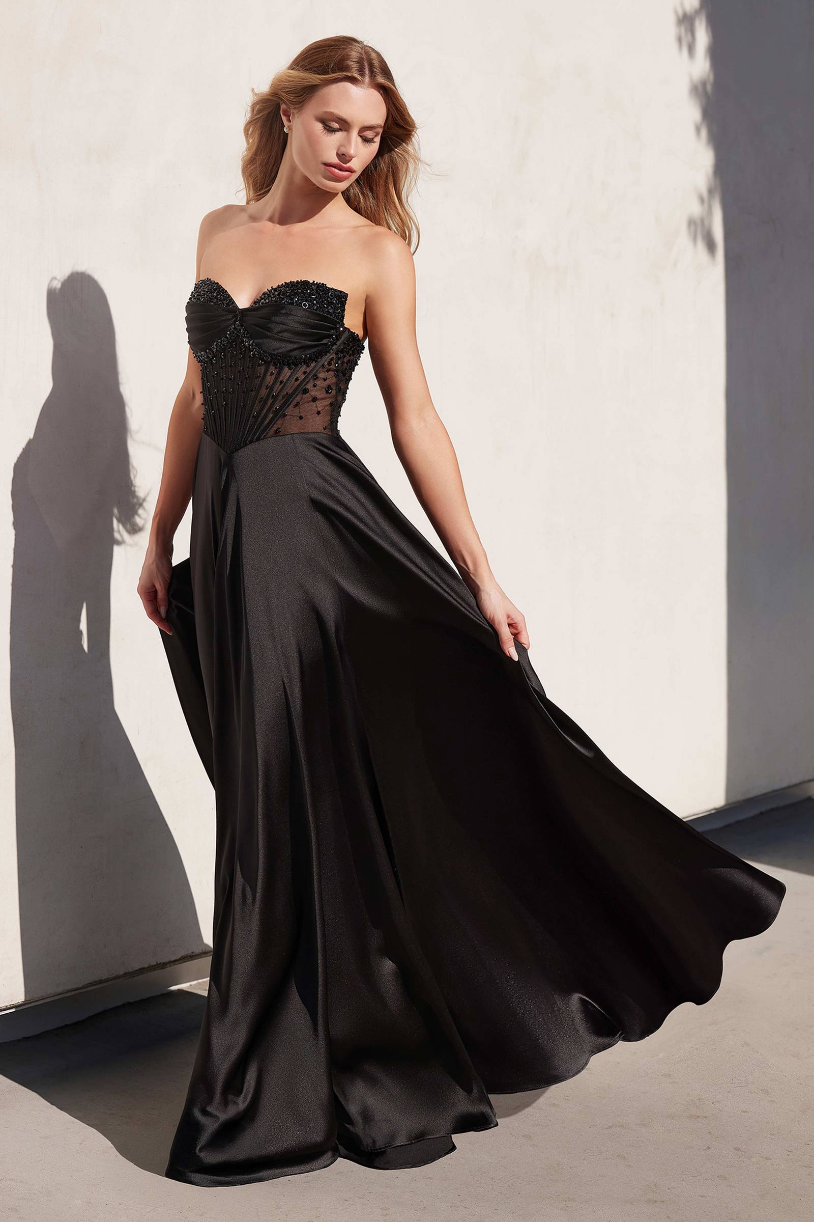 Ladivine CD297 Dress Strapless Beaded Satin A-Line Prom Gown