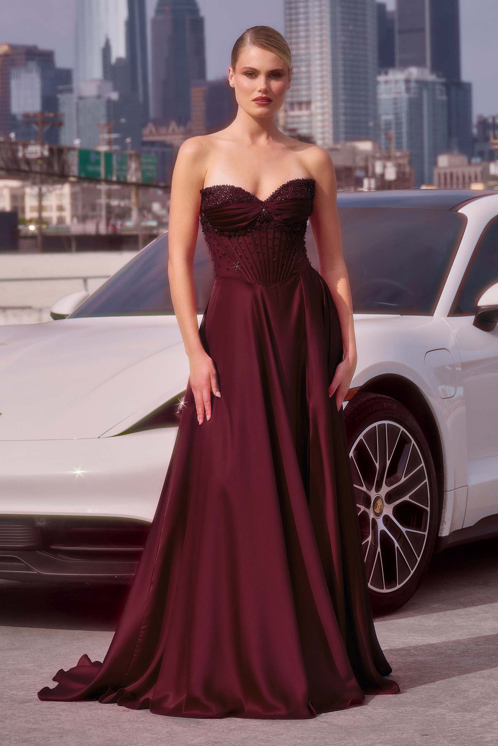 Ladivine CD297 Dress Strapless Beaded Satin A-Line Prom Gown
