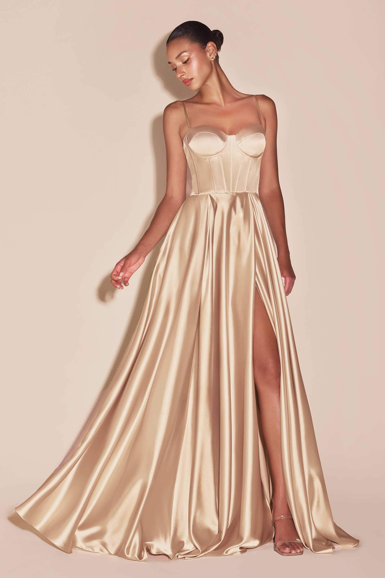 Ladivine CD337 Long A-Line Slit Satin Bustier Dress