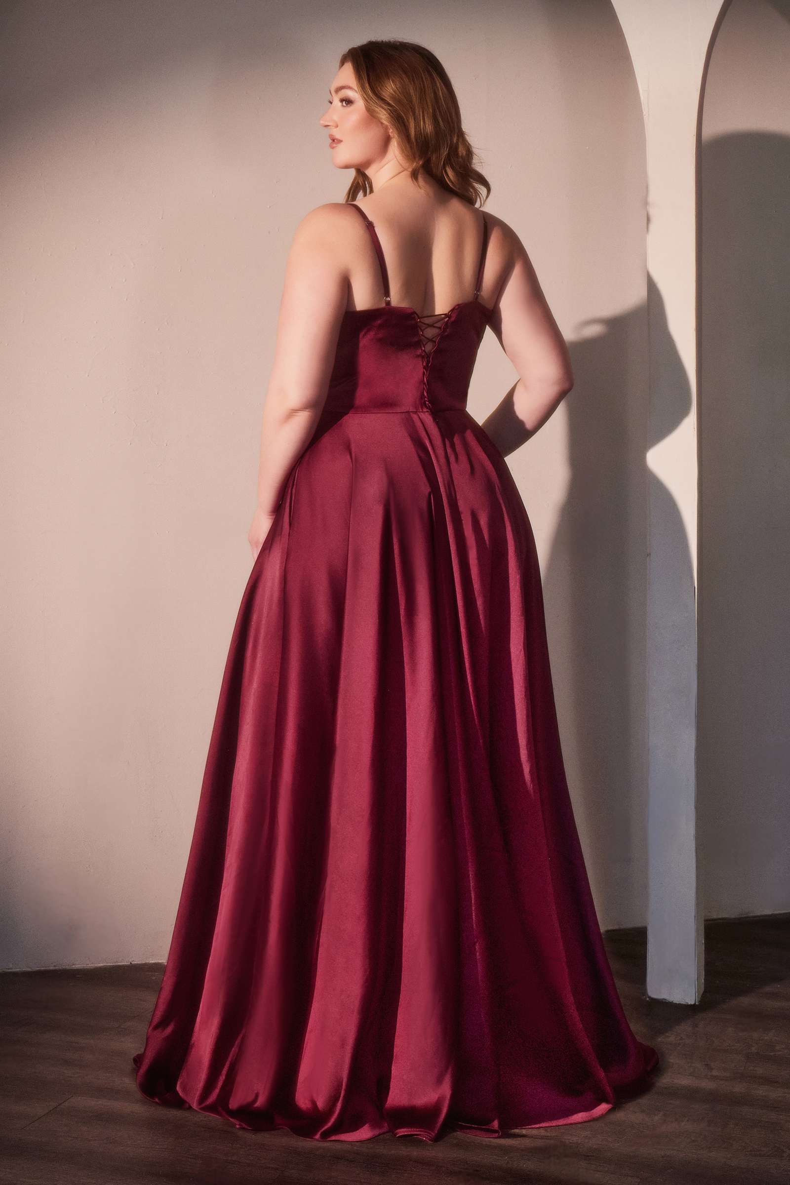Ladivine CD337C Long A-Line Slit Satin Bustier Prom Dress