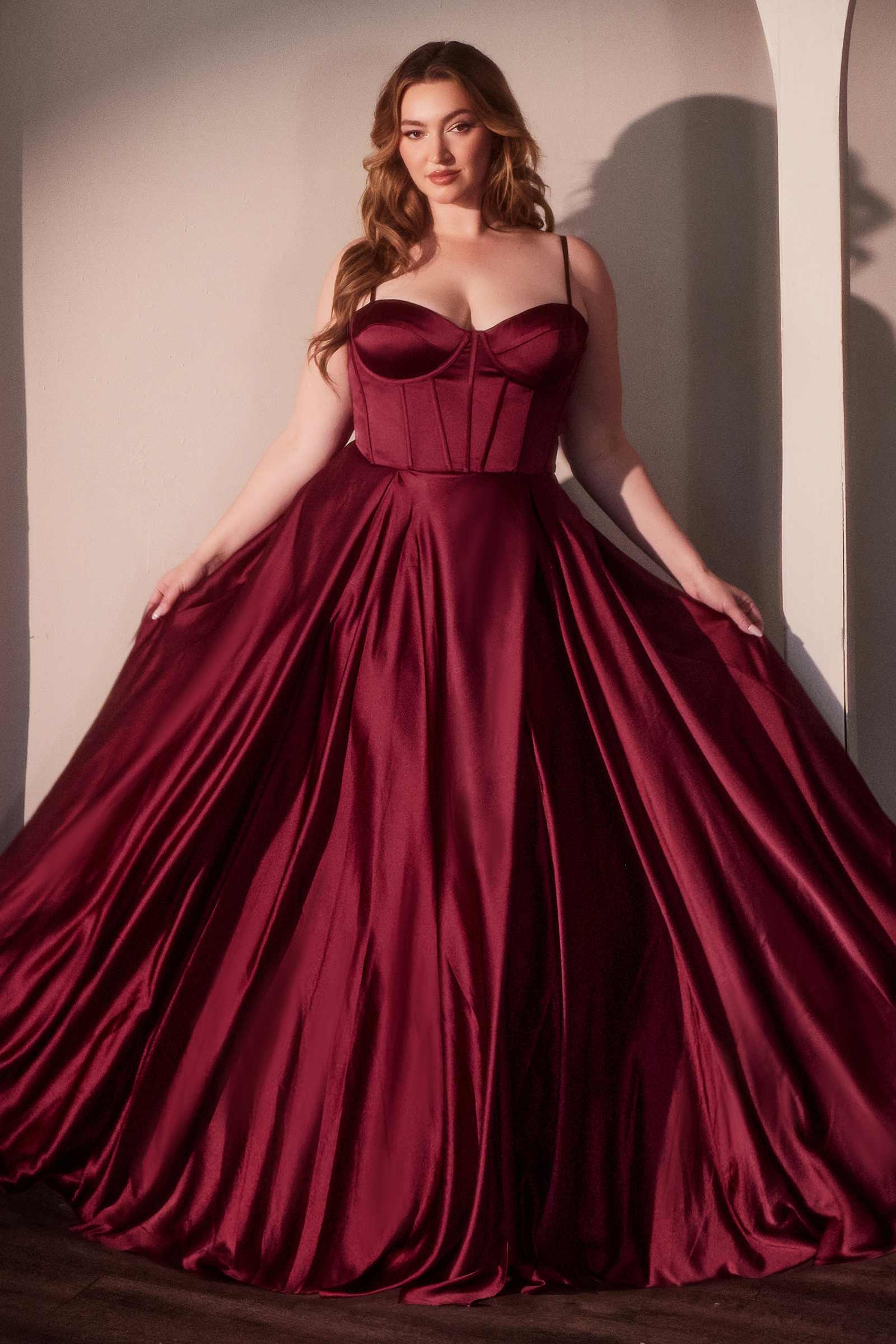 Ladivine CD337C Long A-Line Slit Satin Bustier Prom Dress