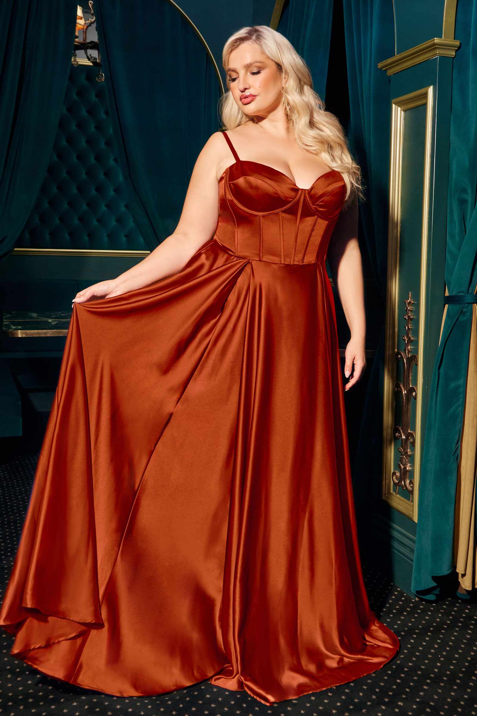Ladivine CD337C Long A-Line Slit Satin Bustier Prom Dress