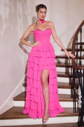 Ladivine CD402 Strapless Crystal Embellished High Low Chiffon Gown