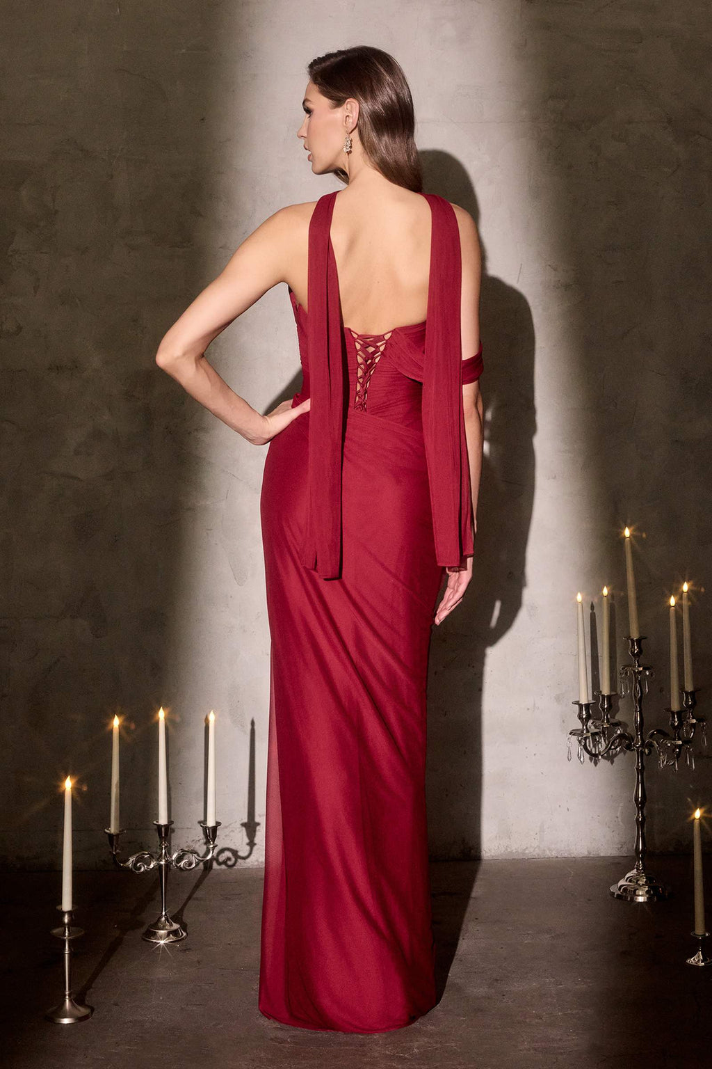 Ladivine CD406 Sculpted Pleated Bodice Lightweight Chiffon Fitted Gown
