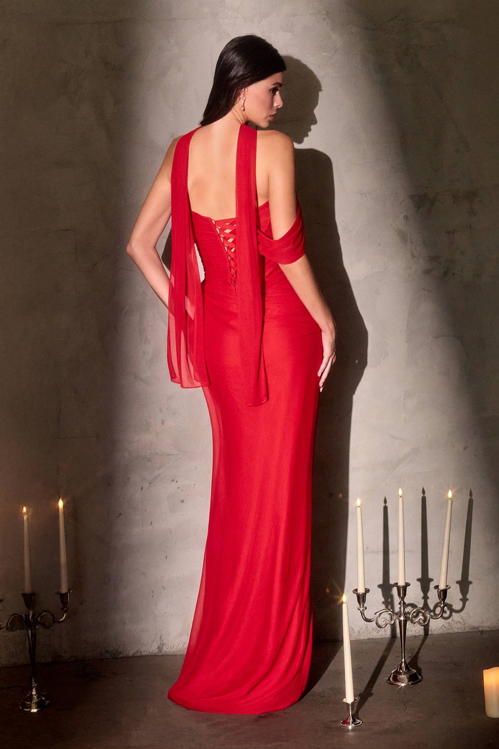 Ladivine CD406 Sculpted Pleated Bodice Lightweight Chiffon Fitted Gown