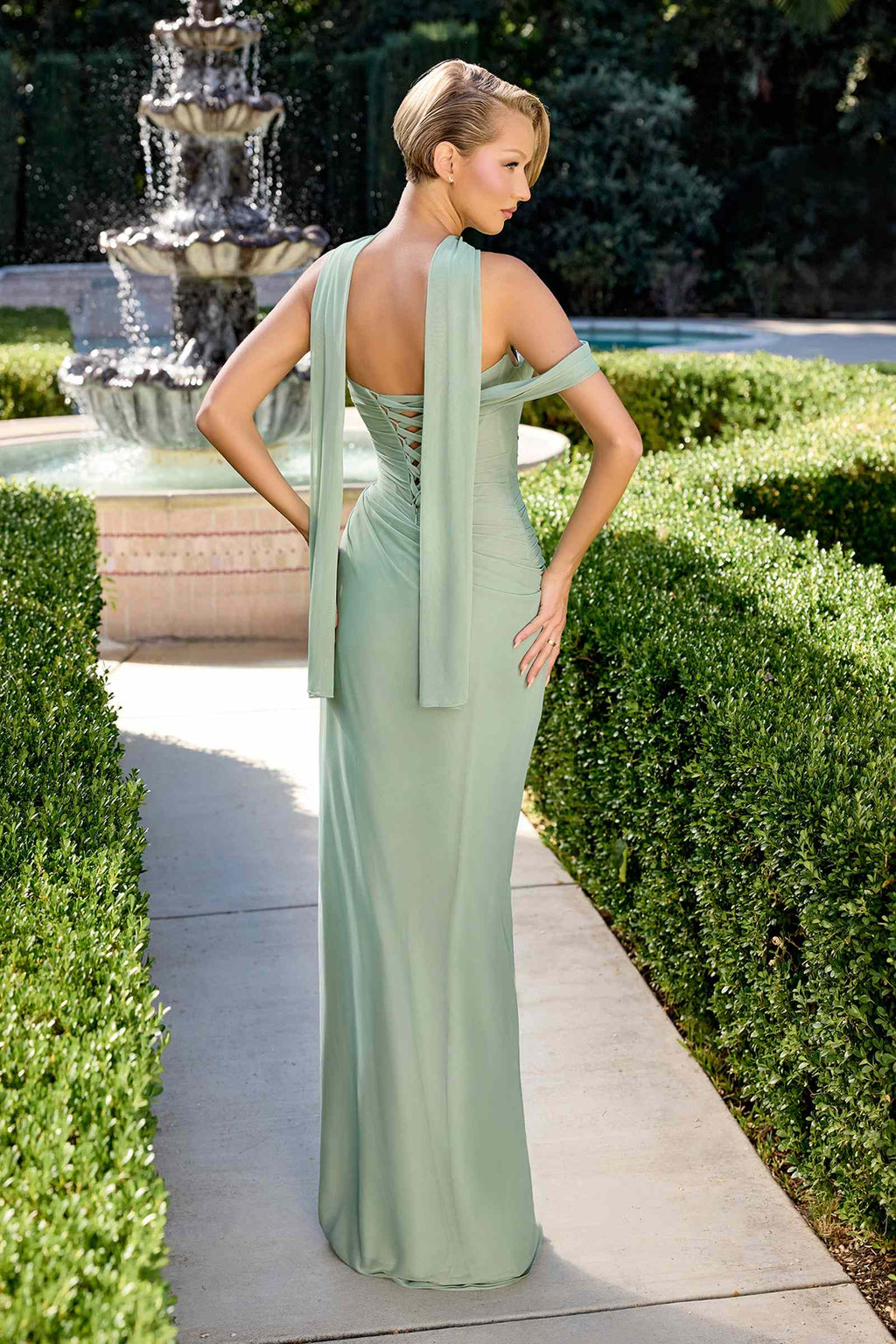 Ladivine CD406 Sculpted Pleated Bodice Lightweight Chiffon Fitted Gown