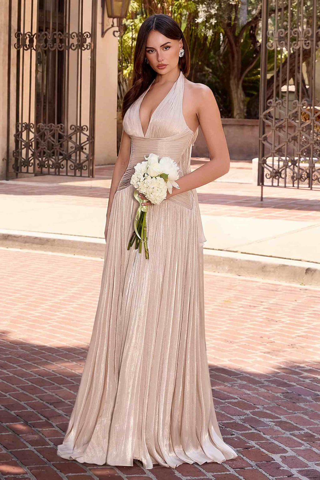 Ladivine CD412 Elegant Plunging Halter Flowing A-Line Gown