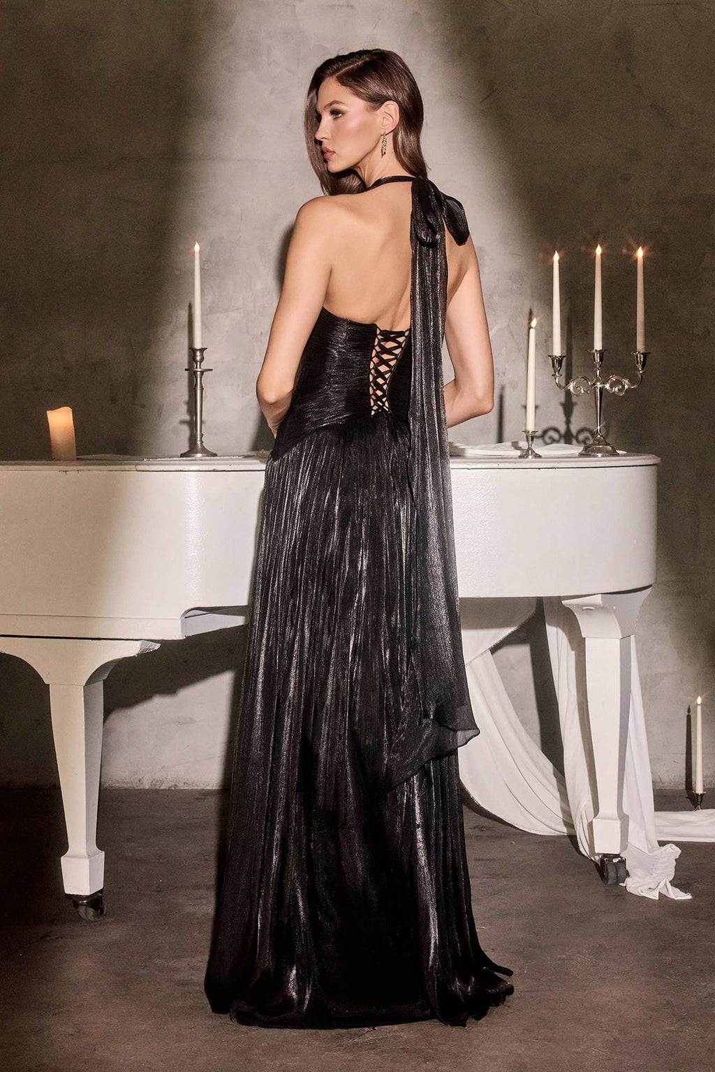 Ladivine CD412 Elegant Plunging Halter Flowing A-Line Gown