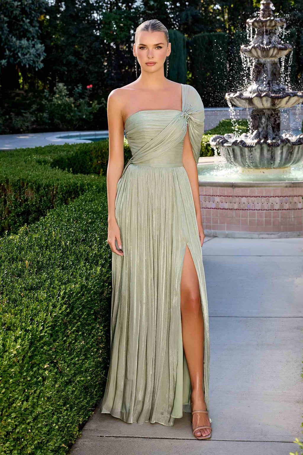 CLEARANCE - Ladivine CD418 One Shoulder A-Line Pleated Luminescent Chiffon Gown (Size 16)