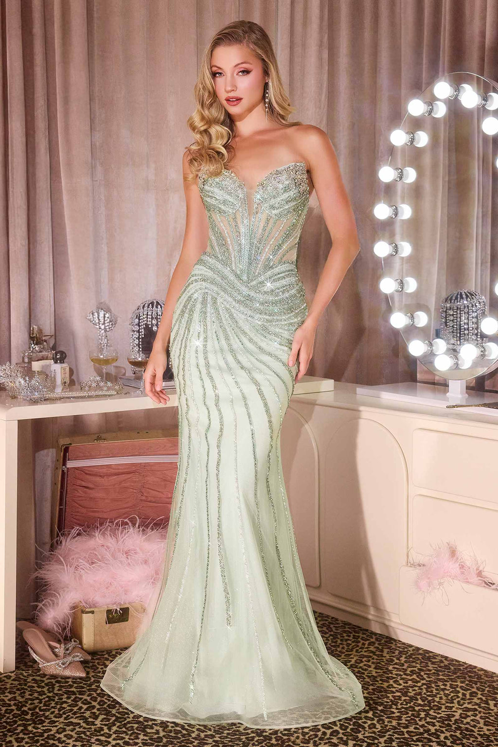 Ladivine CD660 Glamorous Illusion Corset Bodice Plunging Neck Fitted Gown