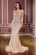 Ladivine CD660 Glamorous Illusion Corset Bodice Plunging Neck Fitted Gown